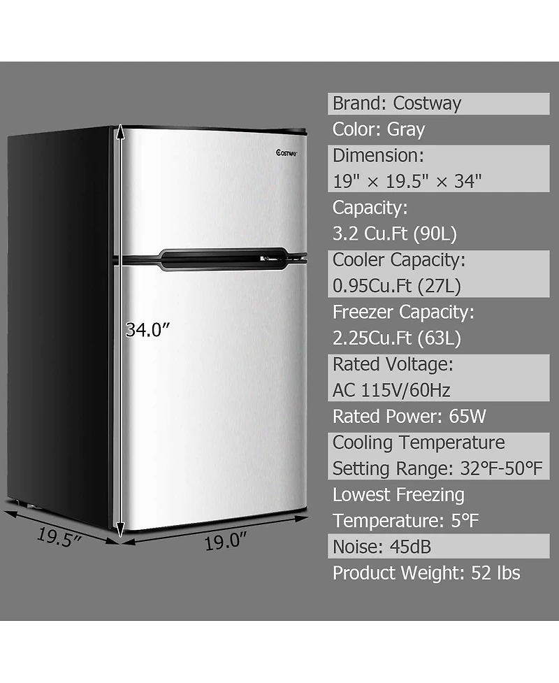 Sugift 3.2 cu ft Compact Stainless Steel Refrigerator