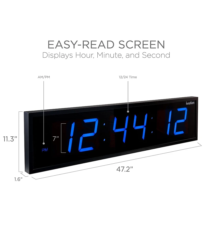 Ivation Large Digital Clock, 48" Led Wall Clock with Alarms, Timer & More