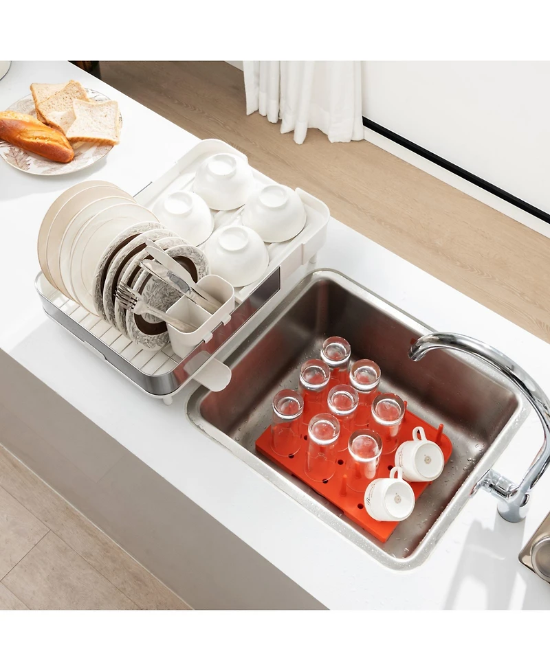 Slickblue Expandable Dish Drying Rack Adjustable Dual-Part Dish Drainer with Detachable Utensil Holder