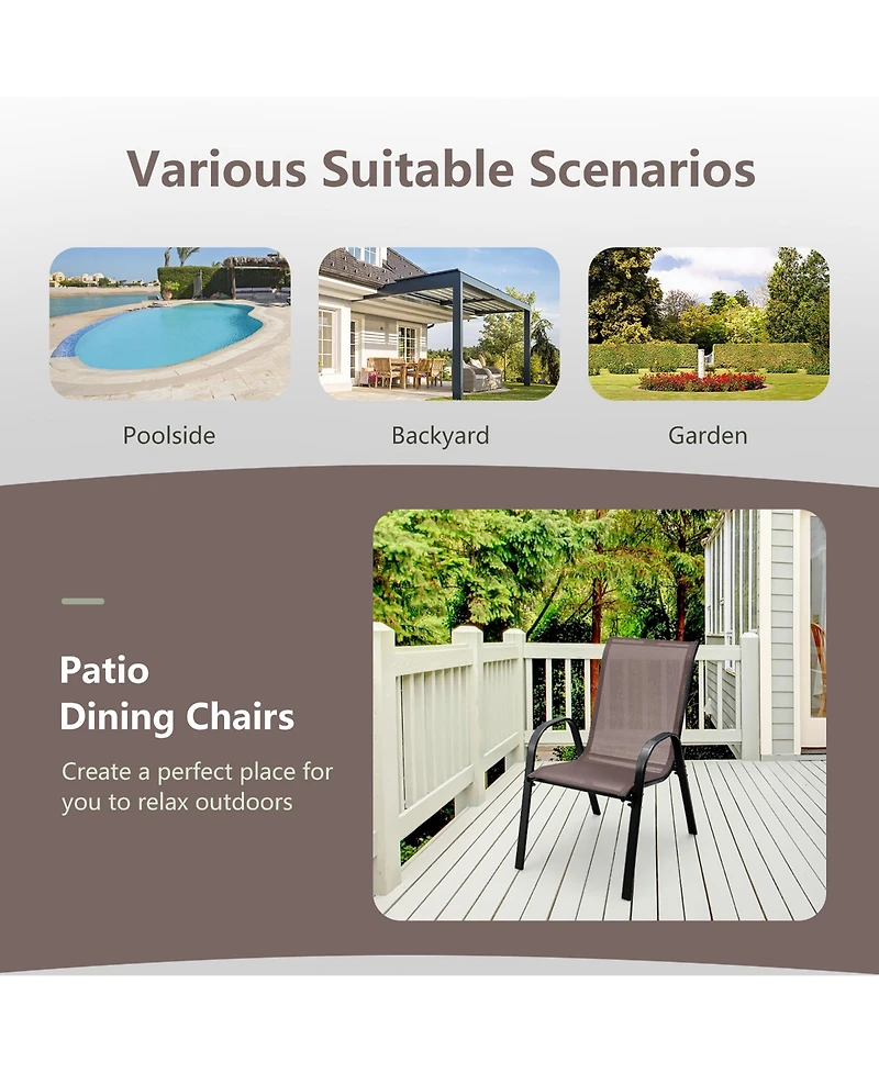 Gymax 4PCS Patio Stacking Dining Chairs w/ Curved Armrests & Breathable Seat Fabric Brown