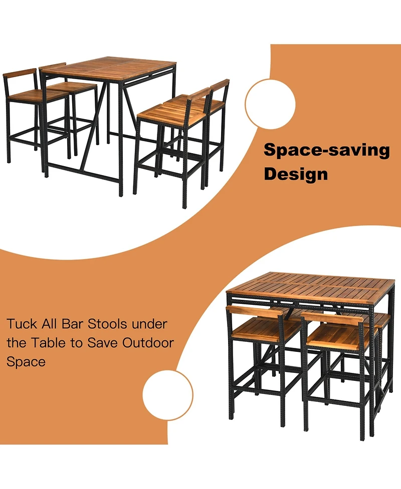 Gymax 5PCS Patio Bar Table Set Pe Rattan High-Dining Bistro Set w/ Acacia Wood Top