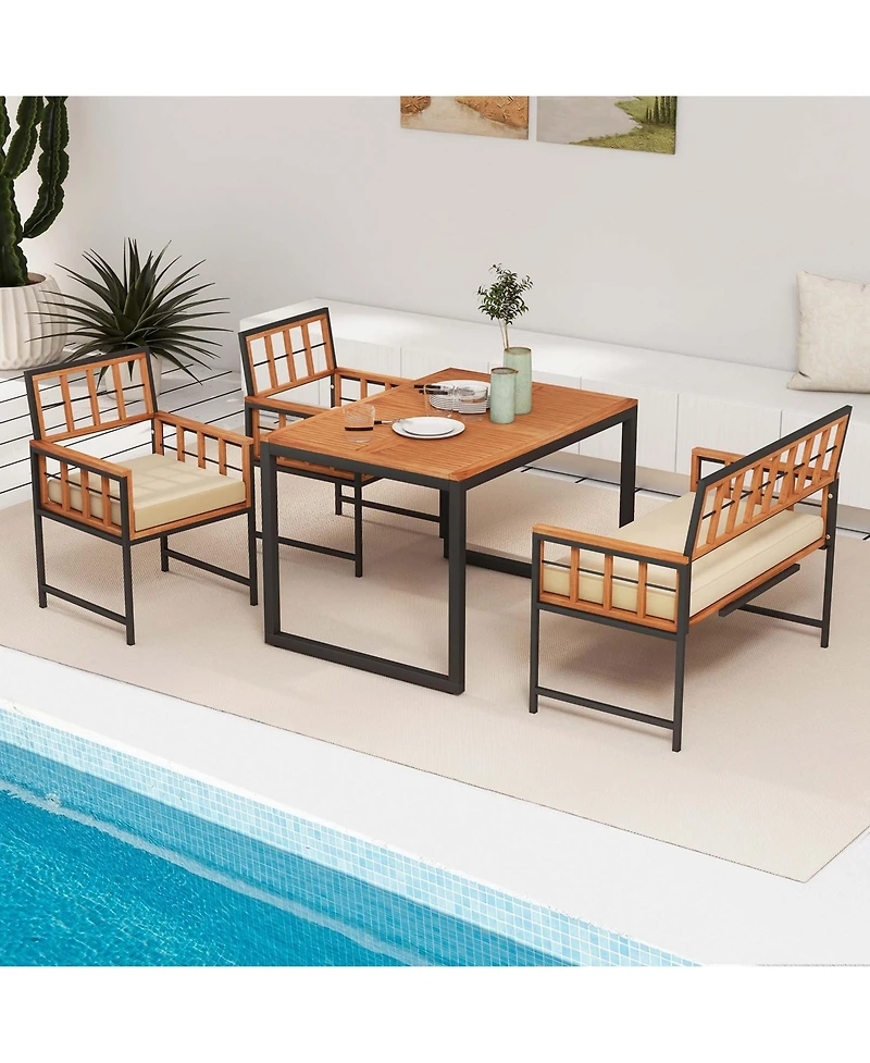 4 Piece Patio Dining Set Outdoor Wood Dining Furniture with 2 Chairs & 1 Lovesea