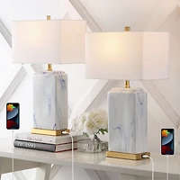 Jonathan Y Chloe 24.5" Modern Coastal Iron/Marbled Ceramic Led Table Lamp with Usb Charging Port, Blue/White (Set of 2)