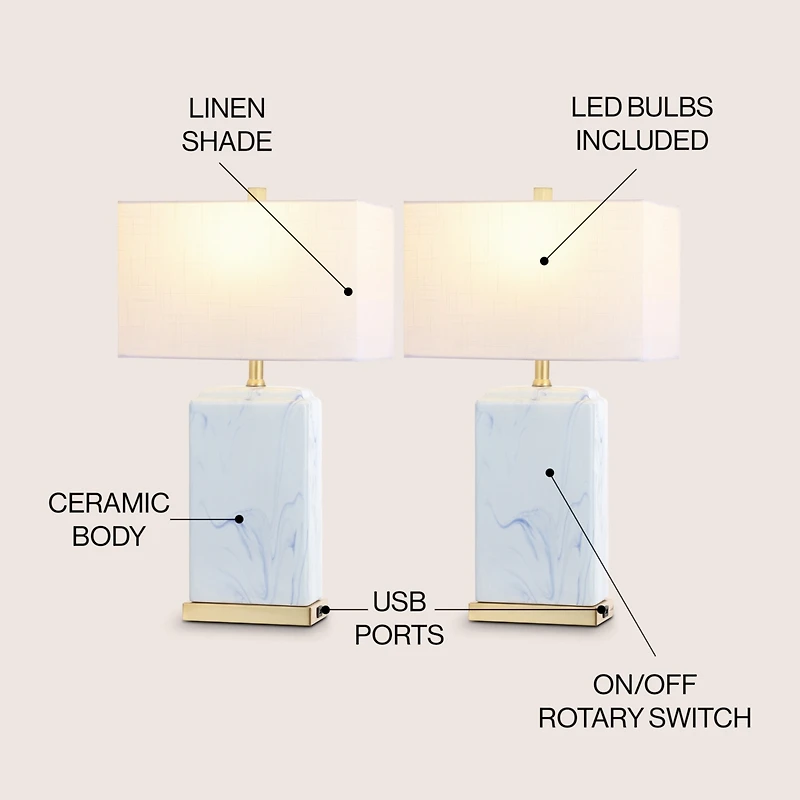 Jonathan Y Chloe 24.5" Modern Coastal Iron/Marbled Ceramic Led Table Lamp with Usb Charging Port, Blue/White (Set of 2)