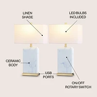 Jonathan Y Chloe 24.5" Modern Coastal Iron/Marbled Ceramic Led Table Lamp with Usb Charging Port, Blue/White (Set of 2)