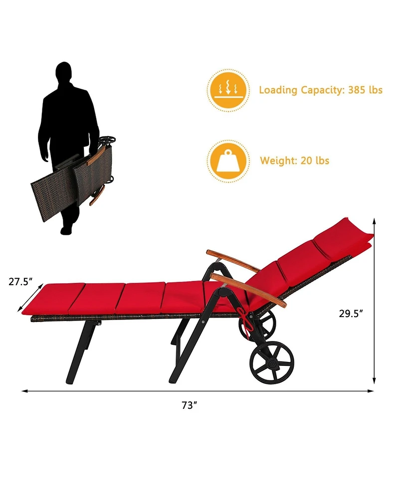 Slickblue Folding Patio Rattan Lounge Chair with Wheels-Red