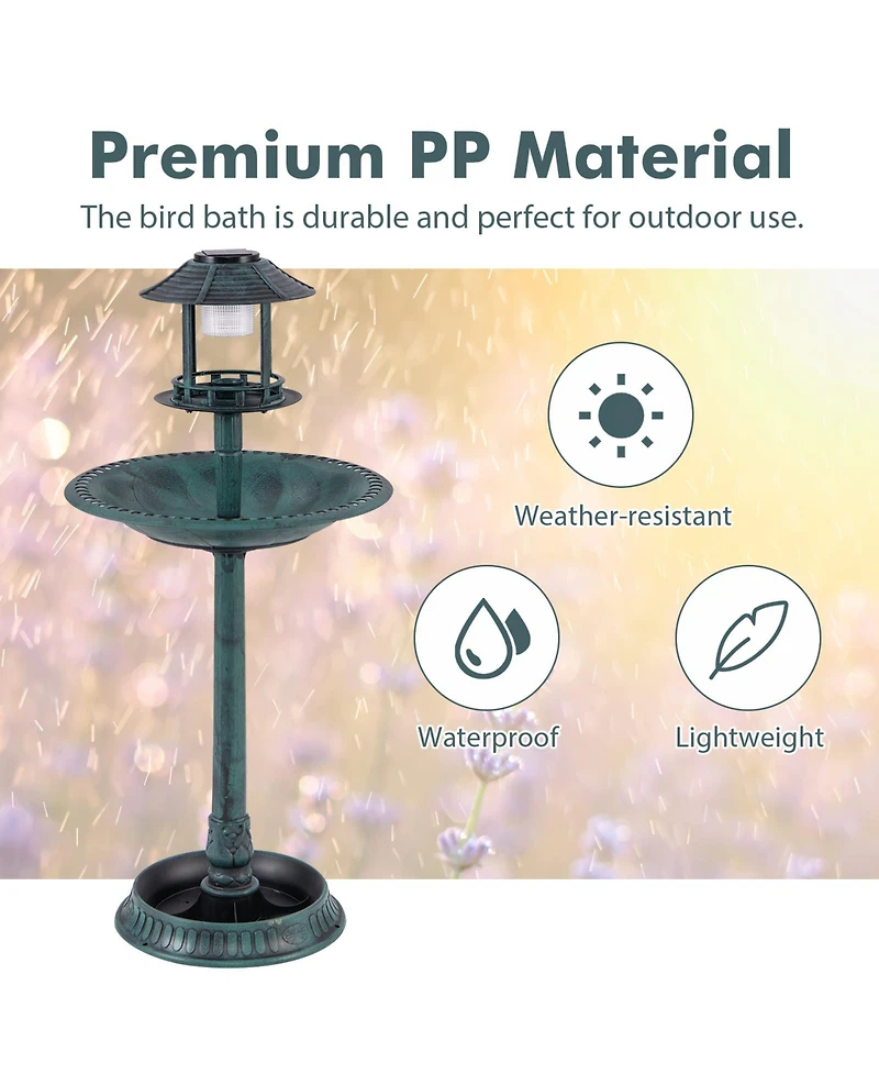 Slickblue Pedestal Bird Bath with Solar Light with Bird Feeder and Flower Planter