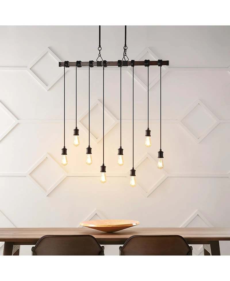 Jonathan Y Rhys 40" 8-Light Vintage Industrial Driftwood Iron Led Linear Chandelier with Height Adjustable Bulbs, Brown Wood Finish/Black