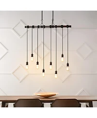 Jonathan Y Rhys 40" 8-Light Vintage Industrial Driftwood Iron Led Linear Chandelier with Height Adjustable Bulbs, Brown Wood Finish/Black