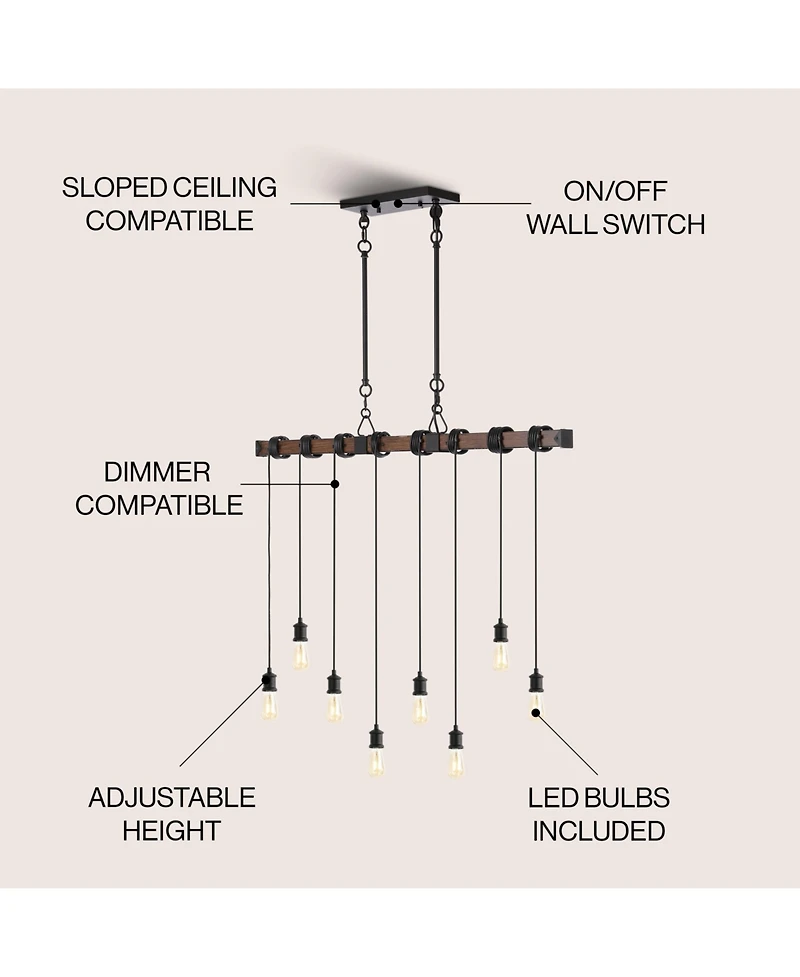 Jonathan Y Rhys 40" 8-Light Vintage Industrial Driftwood Iron Led Linear Chandelier with Height Adjustable Bulbs, Brown Wood Finish/Black