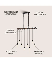 Jonathan Y Rhys 40" 8-Light Vintage Industrial Driftwood Iron Led Linear Chandelier with Height Adjustable Bulbs, Brown Wood Finish/Black