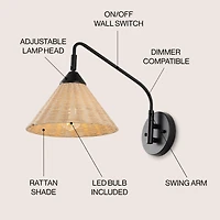 Jonathan Y Kiawah 11" 1-Light Vintage Coastal Rattan/Metal Swing Arm Led Sconce, Black/Natural