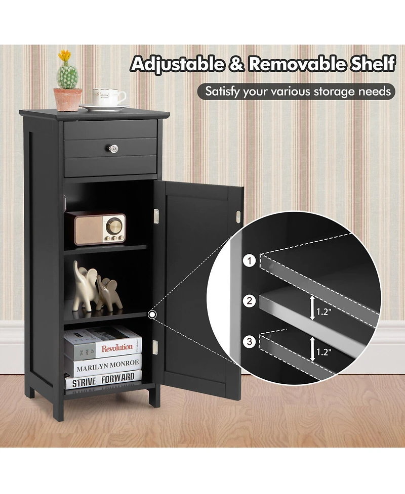Slickblue Wooden Bathroom Floor Storage Cabinet with Drawer and Shelf-Black