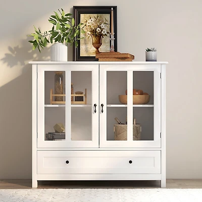 Streamdale Buffet Storage Cabinet With Double Glass Doors And Unique Bell Handle