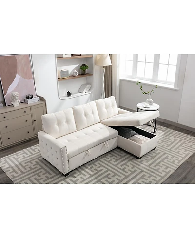 Streamdale Furniture 77" Reversible Sleeper Sectional With Storage, Beige Velvet