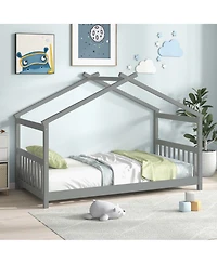Twin Size House Bed with Roof Wooden Low Floor Bed No Box Spring Needed