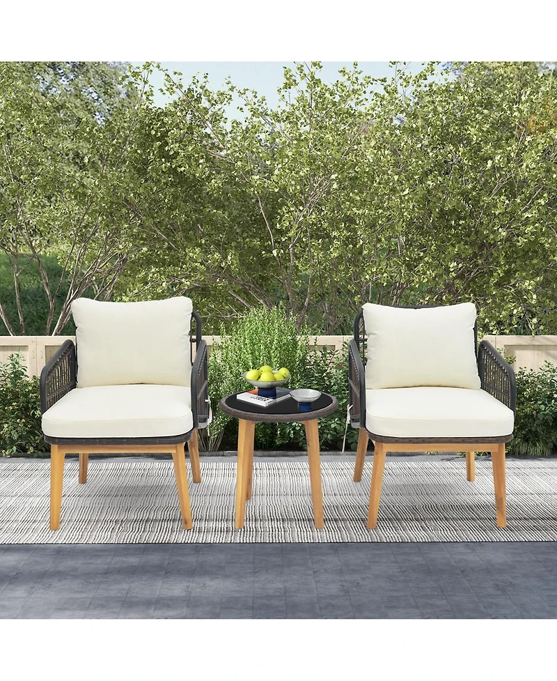 3 Pcs Patio Furniture Set with Cushioned Chairs and Tempered Glass Side Table