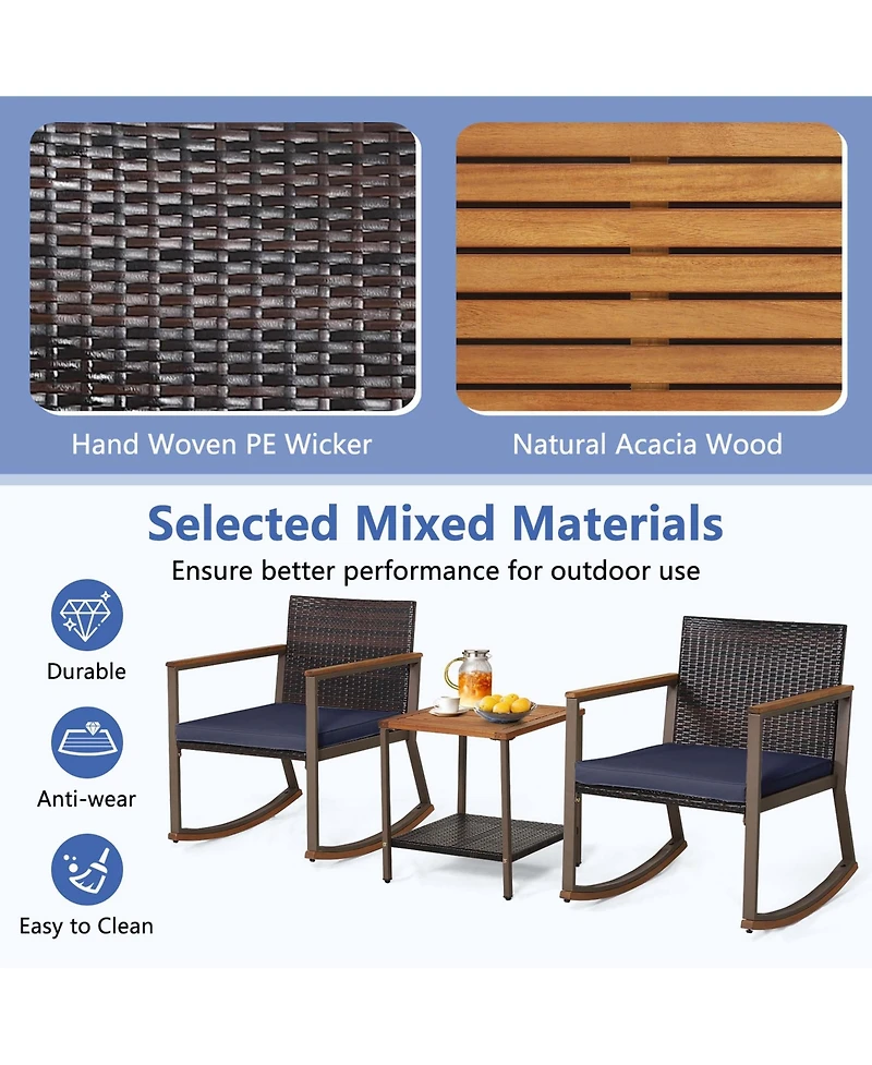 3 Pcs Patio Rattan Rocking Chair Bistro Set Armrest Cushion Table with Storage Shelf