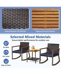 3 Pcs Patio Rattan Rocking Chair Bistro Set Armrest Cushion Table with Storage Shelf