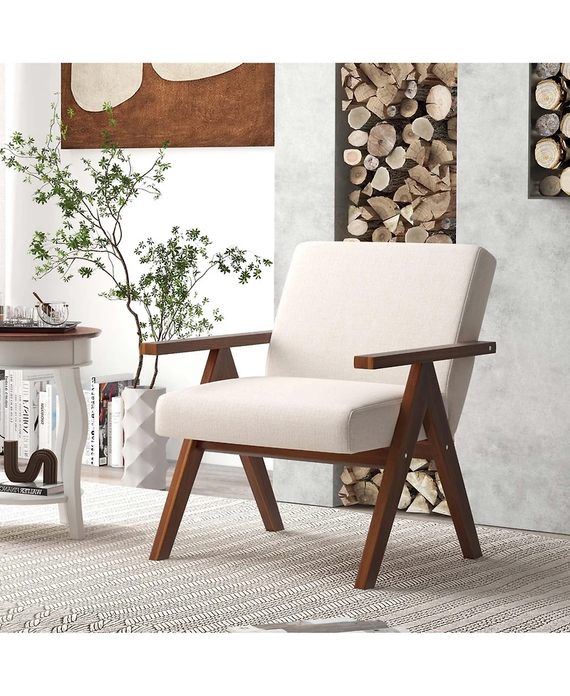 Costway 1 Pcs Modern Accent Chair Linen Fabric Armchair with Solid Acacia Wood Frame