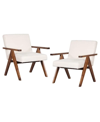 2 Pcs Modern Accent Chair Linen Fabric Armchair with Solid Acacia Wood Frame
