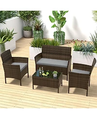 4 Pcs Patio Furniture Set with Washable Cushions and Tempered Glass Coffee Table