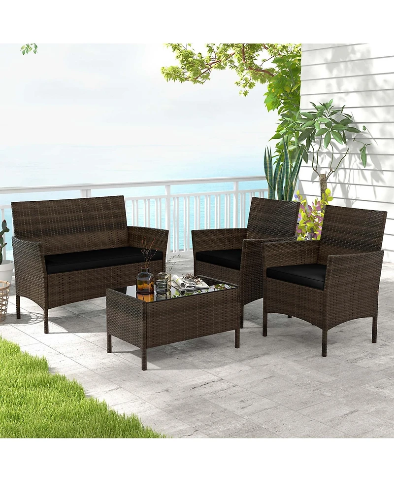 4 Pcs Patio Furniture Set with Washable Cushions and Tempered Glass Coffee Table