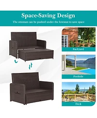 Patio Rattan Loveseat Set Daybed Lounge Storage Ottoman Side Tables Adjust