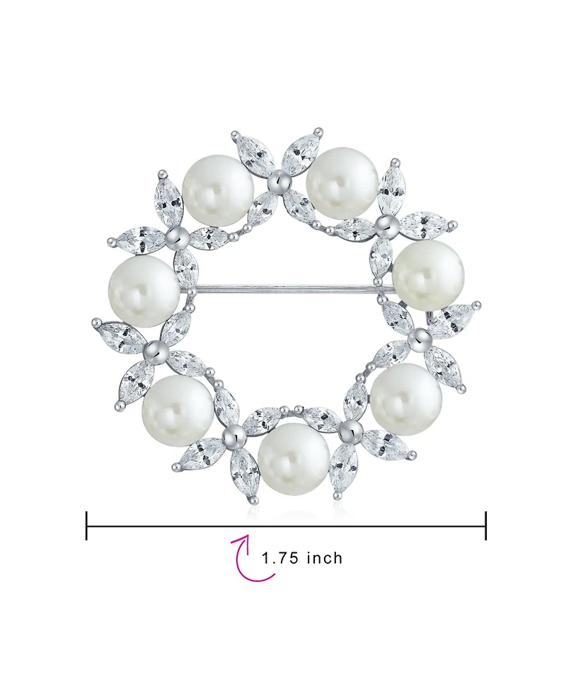 Bling Jewelry Elegant Holiday Marquise Cz Cubic Zirconia Round 8MM White Simulated Pearl Wreath Circle Scarf Brooch Pin