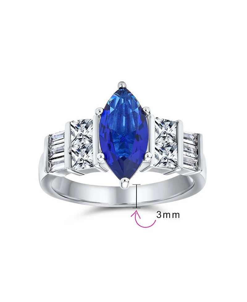 Bling Jewelry Art Deco Style 3CT Cubic Zirconia Cz Pave Royal Blue Marquise Solitaire Promise Ring Sterling Silver