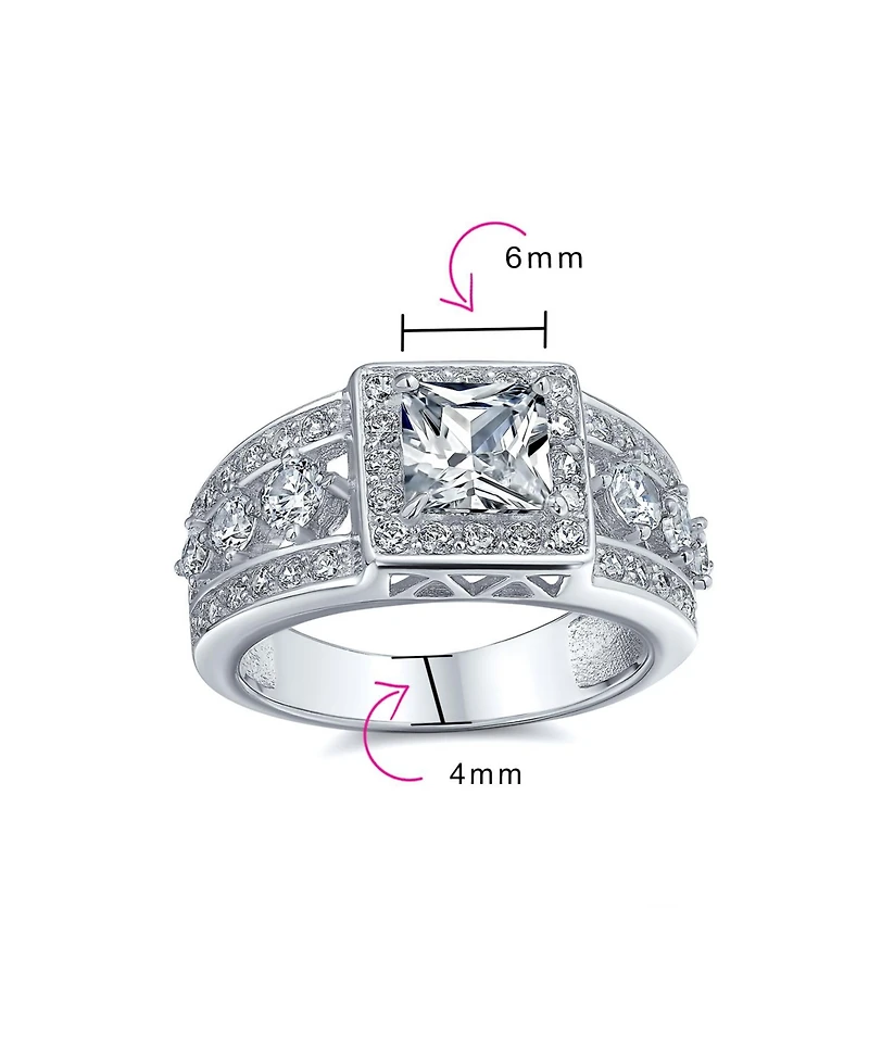 Bling Jewelry Square Cut Halo Cz Art Deco Style Princess Promise Ring Wide 3 Row Band Sterling Silver Ring
