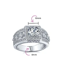 Bling Jewelry Square Cut Halo Cz Art Deco Style Princess Promise Ring Wide 3 Row Band Sterling Silver Ring