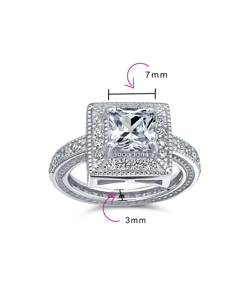 Bling Jewelry 2CT Art Deco Style Cubic Zirconia Milgrain Princess Cut Square Halo Cz Promise Ring With Eternity Band Sterling Silver