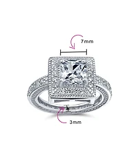 Bling Jewelry 2CT Art Deco Style Cubic Zirconia Milgrain Princess Cut Square Halo Cz Promise Ring With Eternity Band Sterling Silver