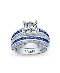 Bling Jewelry 3CT Art Deco Style Square Princess Cut Solitaire Clear Cz Promise Ring Set Sterling Silver