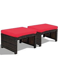 Gymax Set of 2 Rattan Ottoman Footrest Footstool Patio Furniture w/ White Cushion