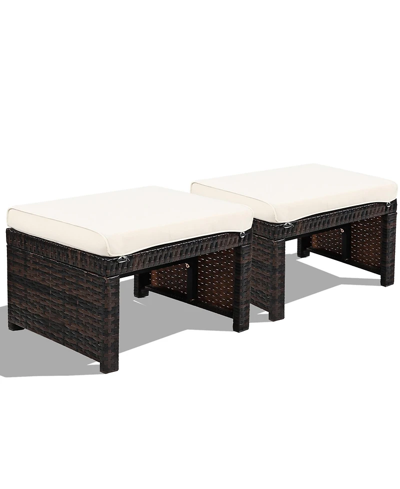 Gymax Set of 2 Rattan Ottoman Footrest Footstool Patio Furniture w/ White Cushion