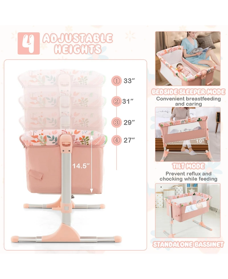 Slickblue Folding Baby Bassinet Bedside Sleeper with 4 Adjustable Heights-Pink