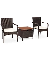 Slickblue 3 Pieces Patio Rattan Furniture Bistro Set with Wood Side Table and Stackable Chair