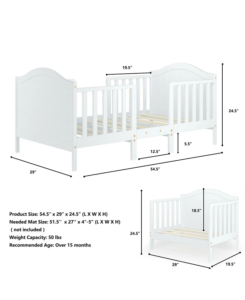 Classic Wooden Toddler Bed with 2 Guardrails, Converts for Growing Kids