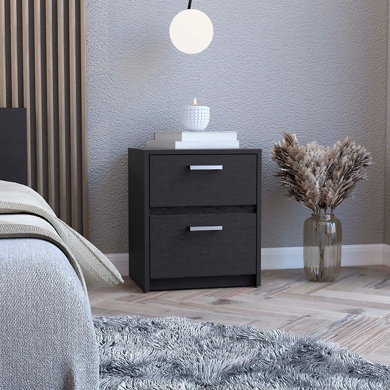 Simplie Fun Trivor 2 Drawers Nightstand, Metal Handles - Black