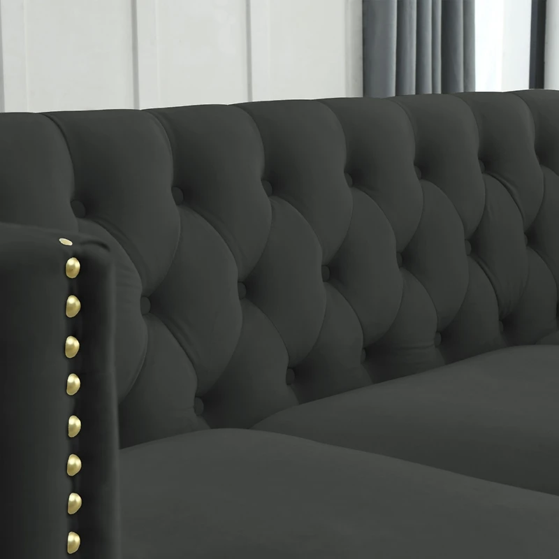 Streamdale Furniture Black Velvet Tufted Sofa with Metal Legs
