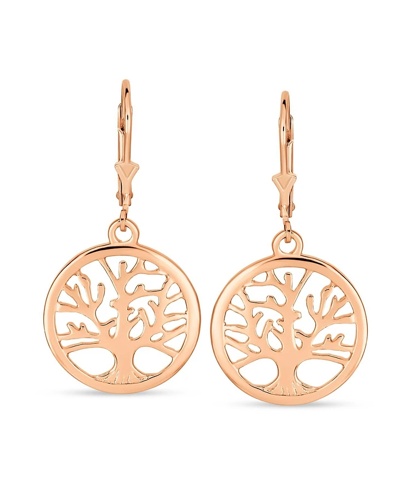 Bling Jewelry Oval Disc Tree of Life Dangle Earrings 14K Rose Gold Plated Sterling Silver