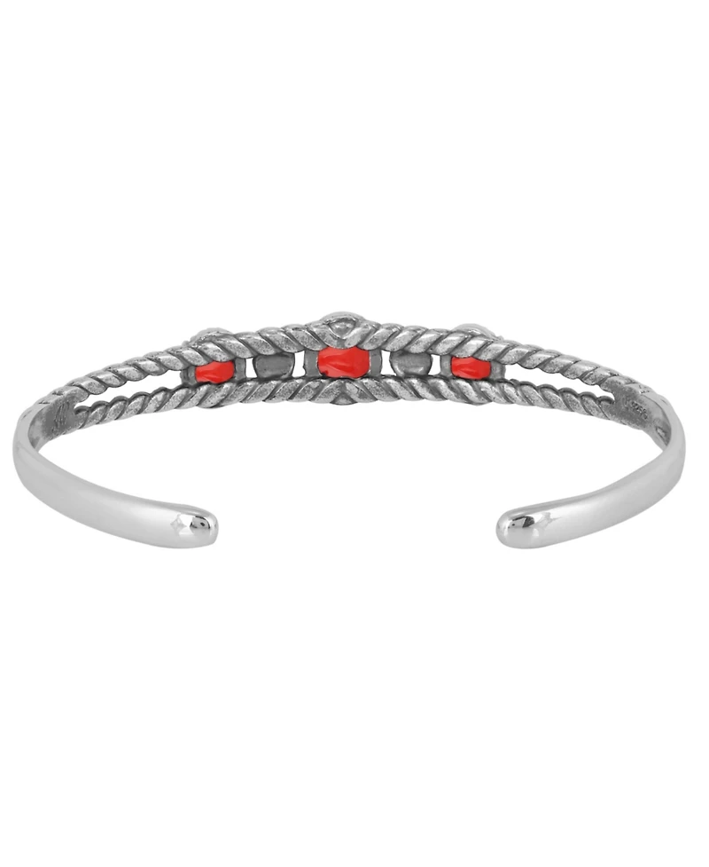 American West Jewelry Sterling Silver Genuine Coral 3 Stone Cuff Bracelet Size Small - Large