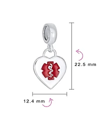 Bling Jewelry Heart Shape Medical Id Dangle Bead Charm Sterling Silver Fits European Bracelet