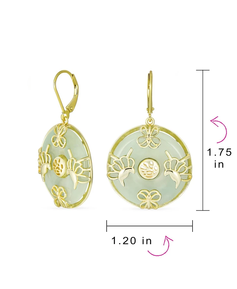 Bling Jewelry Asian Style Circle Disc Round Donut Good Fortune Green Jade Butterfly Drop Dangle Earrings Gold Plated Sterling Silver Lever Back