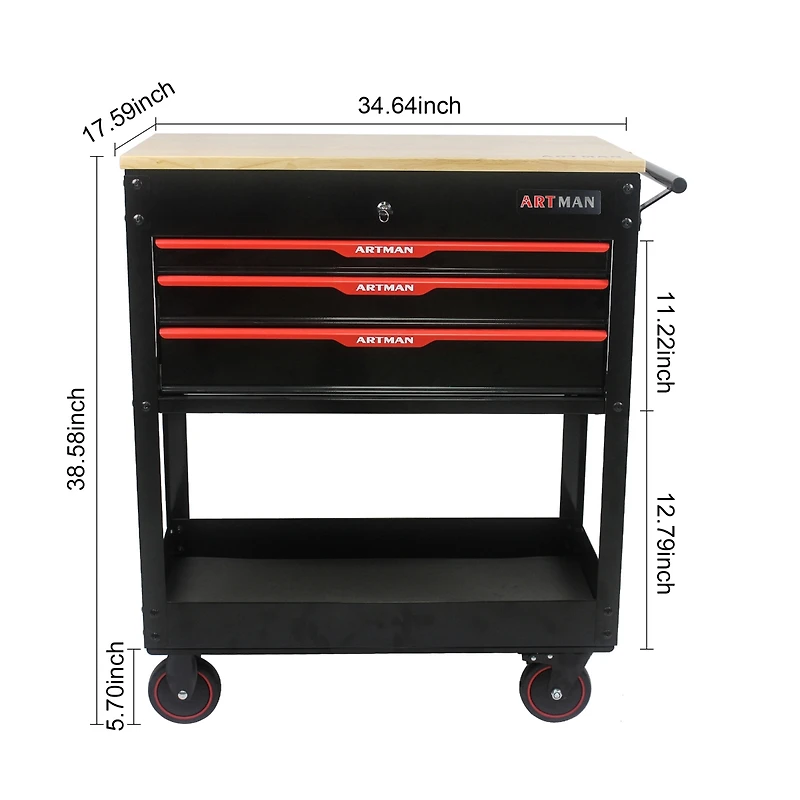 Streamdale Furniture 3 Drawers Multifunctional Tool Cart With Wheels And Wooden Top
