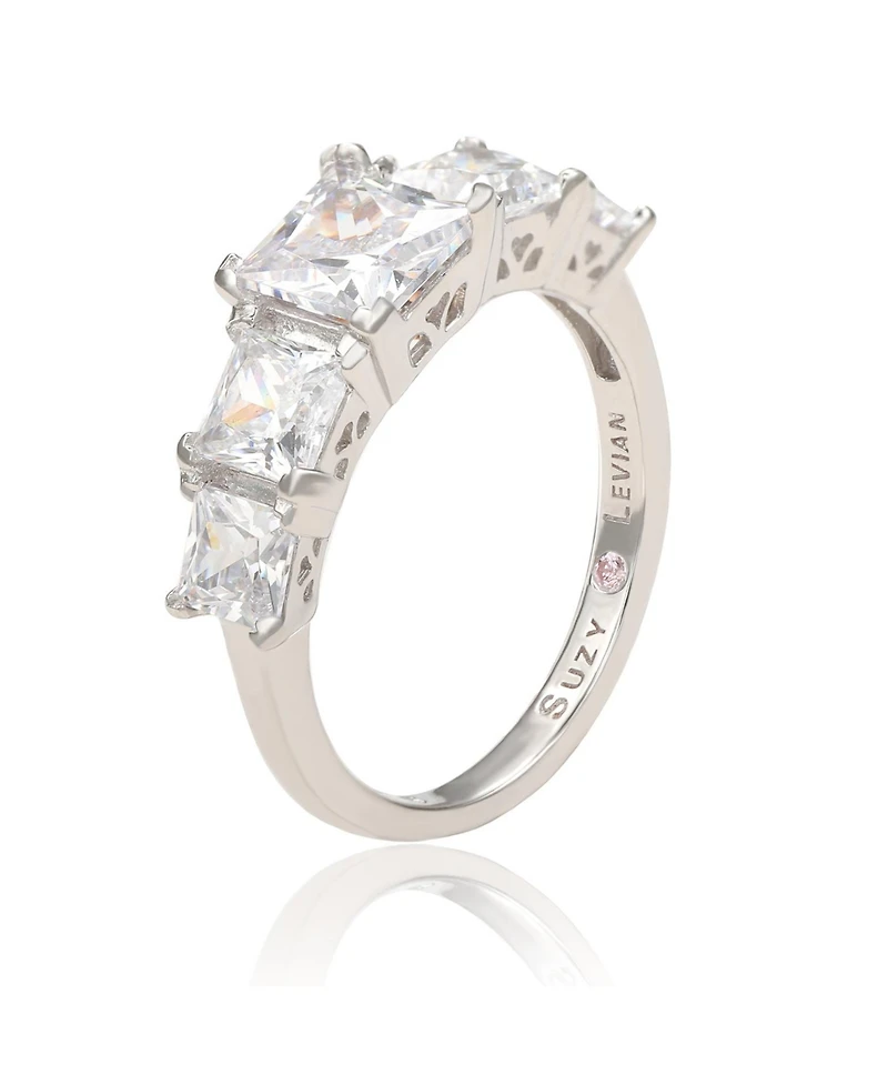 Suzy Levian Sterling Silver Cubic Zirconia 5-Stone Princess-cut Bridal Ring