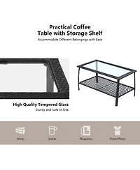 Sugift 4 Pieces Patio Wicker Furniture Conversation Sets with Coffee Table and Cushions