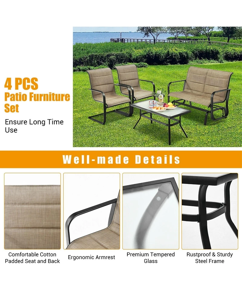 Sugift 4 Pieces Outdoor Patio Conversation Sets with Padded Glider Loveseat and Coffee Table
